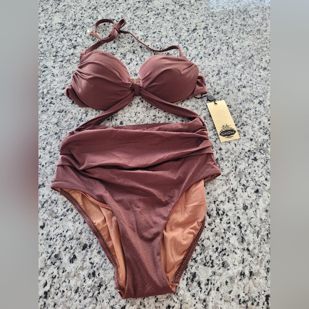 High-Waist Twist Bikini Set - Mauve / Dusty Rose